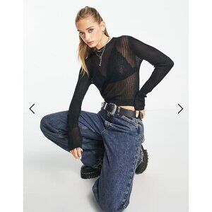 NWT Free People H20 Crew Open Weave Pullover Black Women S